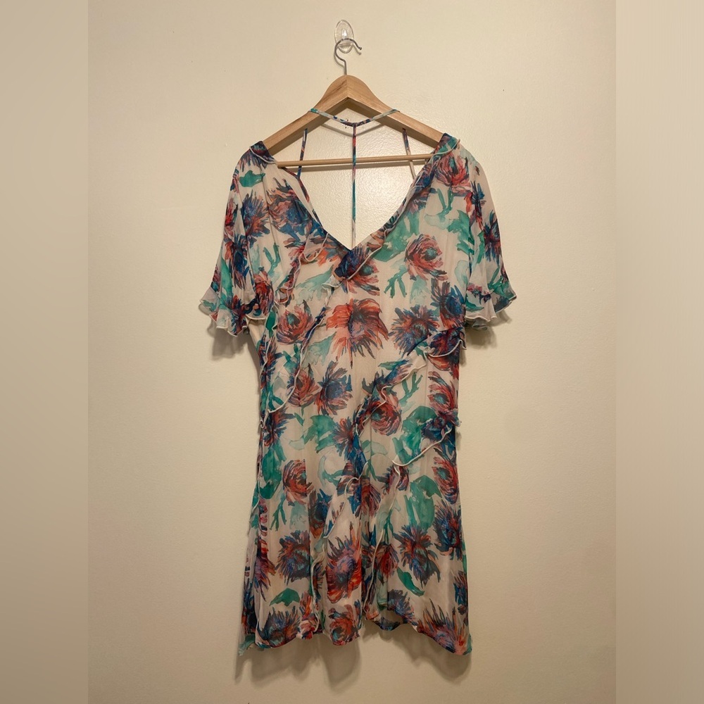 Anthropologie Cream with Teal & Coral Accents Mini Dress  Size XL